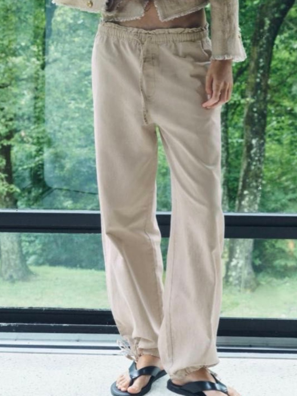 Zara Light Beige Elastic-Waist Wide Leg Pants